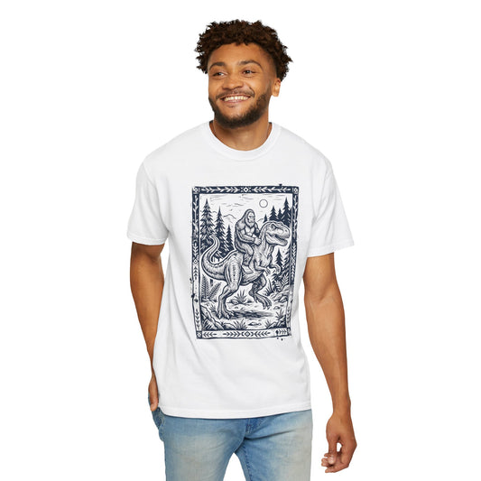 Bigfoot Riding T‑Rex T‑Shirt | Vintage Cryptid Dinosaur Graphic Tee | Wilderness Adventure Shirt