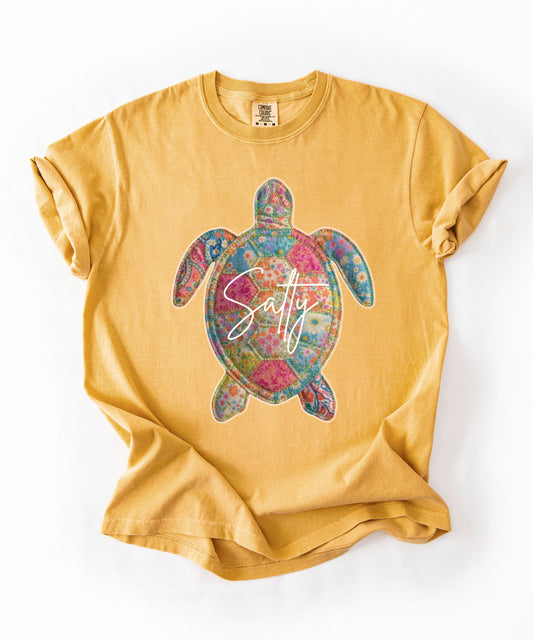Salty Sea Turtle T-Shirt | Faux Patchwork Coastal Graphic Tee | Colorful Summer Beach Shirt | Ocean Aesthetic Top