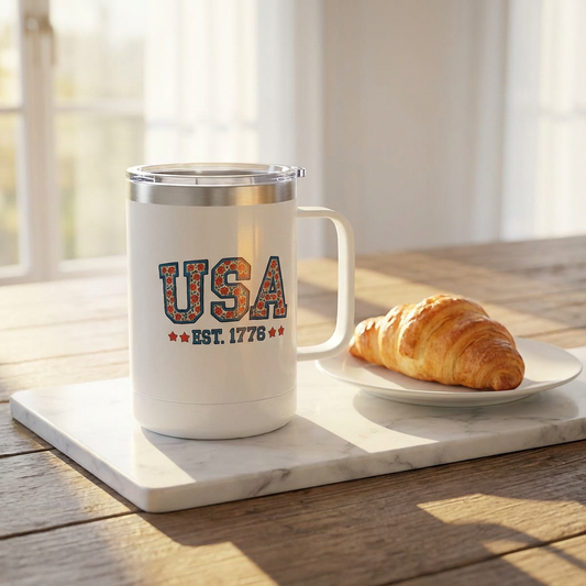 USA Est. 1776 15oz Travel Mug — Patriotic Insulated Coffee Tumbler