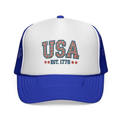 USA Trucker Cap — Patriotic Floral 'EST. 1776' Mesh Baseball Hat