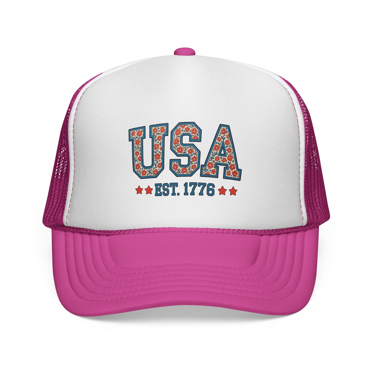 USA Trucker Cap — Patriotic Floral 'EST. 1776' Mesh Baseball Hat