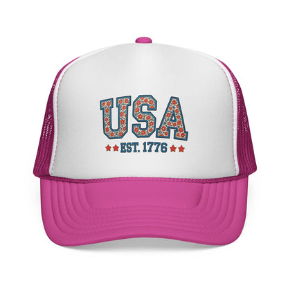 USA Trucker Cap — Patriotic Floral 'EST. 1776' Mesh Baseball Hat