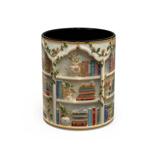 Booklover Decorative Ceramic Mug — Vintage Bookshelf Illustration (11oz/15oz)