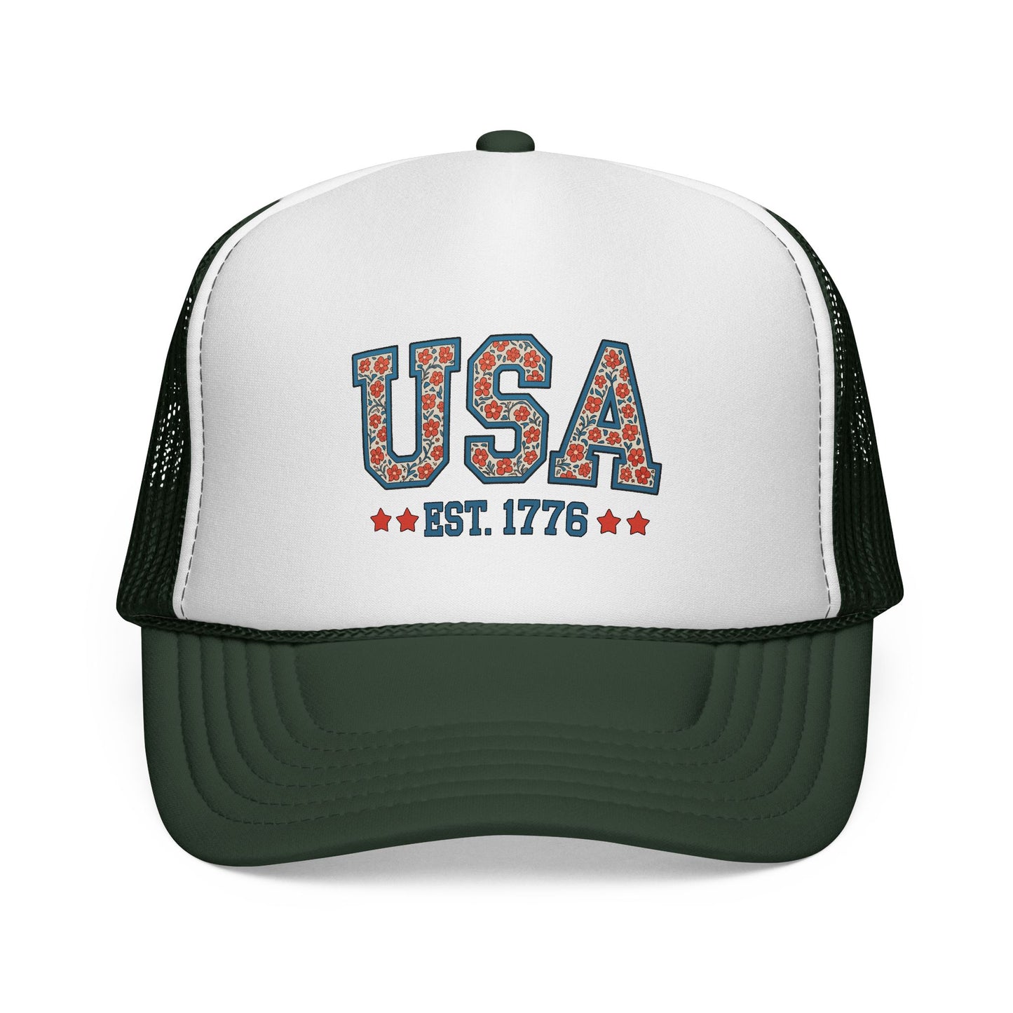 USA Trucker Cap — Patriotic Floral 'EST. 1776' Mesh Baseball Hat