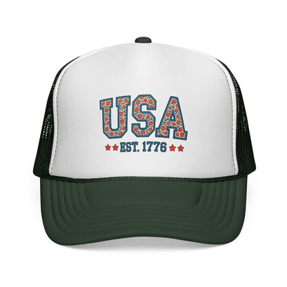 USA Trucker Cap — Patriotic Floral 'EST. 1776' Mesh Baseball Hat