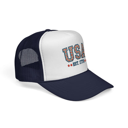USA Trucker Cap — Patriotic Floral 'EST. 1776' Mesh Baseball Hat
