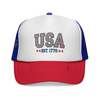 USA Trucker Cap — Patriotic Floral 'EST. 1776' Mesh Baseball Hat