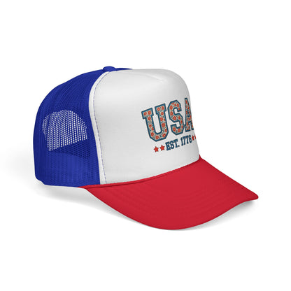 USA Trucker Cap — Patriotic Floral 'EST. 1776' Mesh Baseball Hat