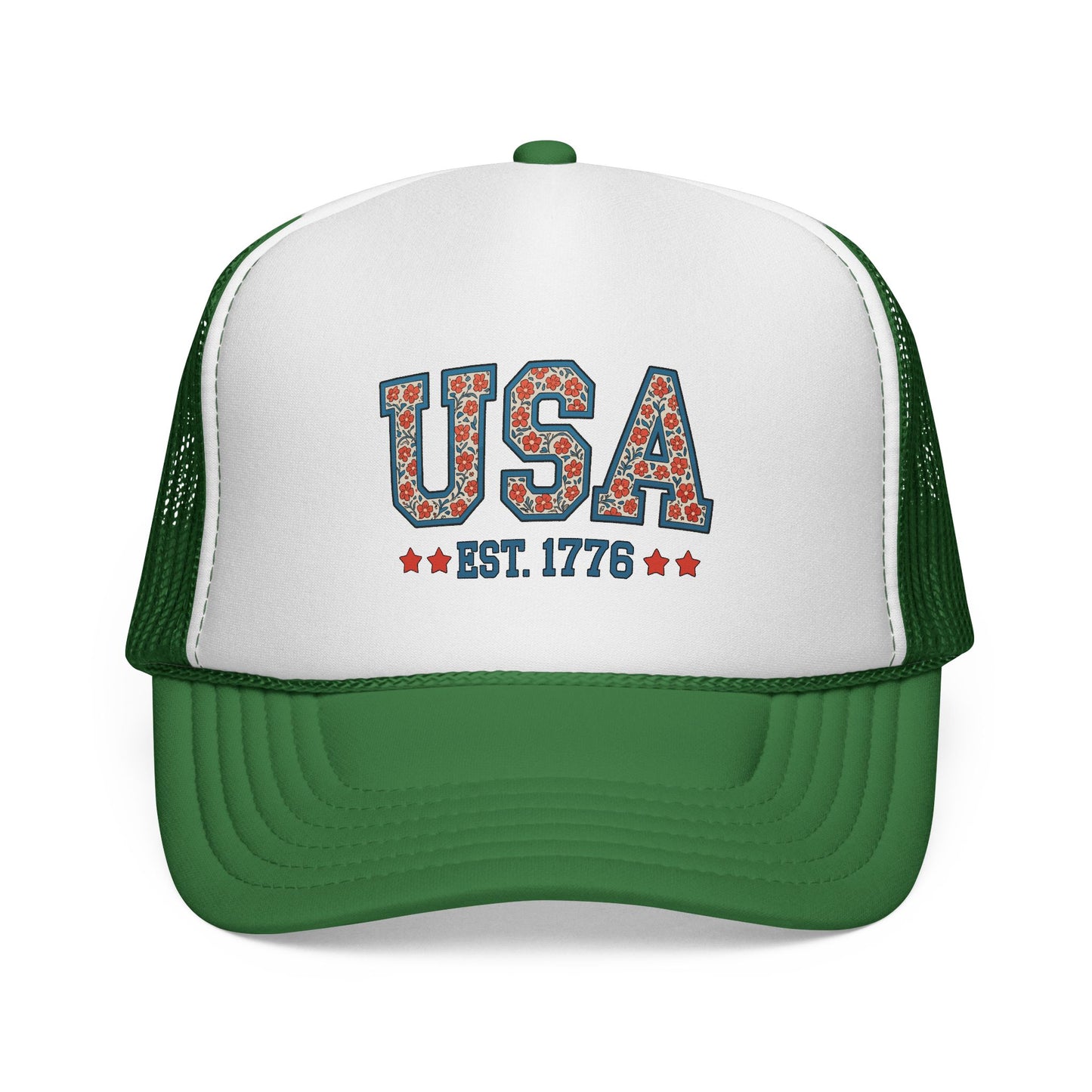 USA Trucker Cap — Patriotic Floral 'EST. 1776' Mesh Baseball Hat
