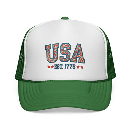 USA Trucker Cap — Patriotic Floral 'EST. 1776' Mesh Baseball Hat
