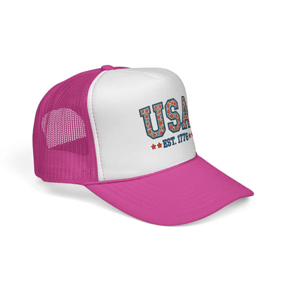 USA Trucker Cap — Patriotic Floral 'EST. 1776' Mesh Baseball Hat
