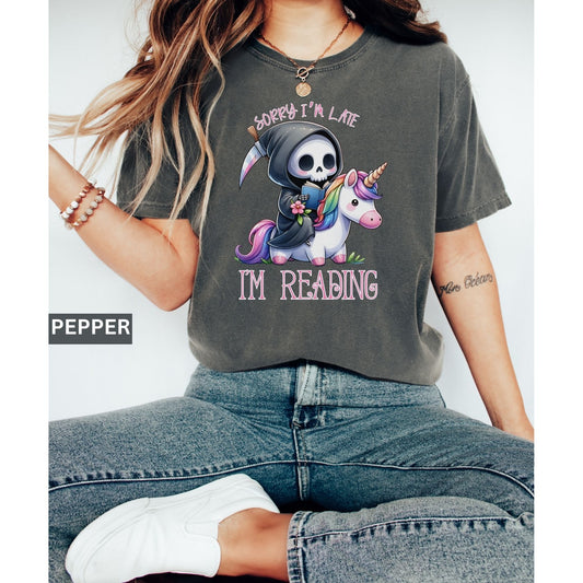 Bookish Grim Reaper Shirt, Cute Goth Book Lover Tee, Fantasy Unicorn Reading Shirt, Grim Reader Aesthetic Shirt, Dark Academia Literary Gift