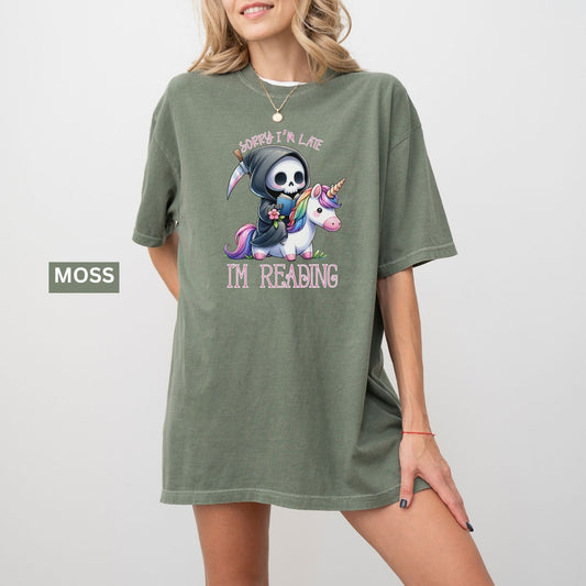 Bookish Grim Reaper Shirt, Cute Goth Book Lover Tee, Fantasy Unicorn Reading Shirt, Grim Reader Aesthetic Shirt, Dark Academia Literary Gift