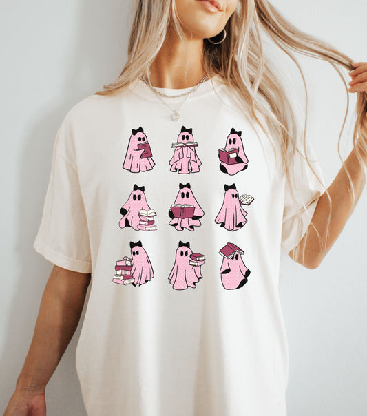 Pink Ghosts Reading Books T-shirt, Cute Ghost Tee, Halloween Shirt, Book Lover Gift, Spooky Apparel, Ghostly Graphic Top, bookish tee