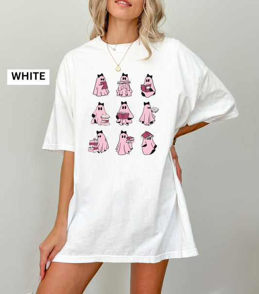 Pink Ghosts Reading Books T-shirt, Cute Ghost Tee, Halloween Shirt, Book Lover Gift, Spooky Apparel, Ghostly Graphic Top, bookish tee
