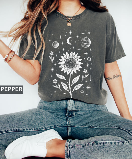 Sunflower Celestial Shirt, Comfort Colors® Astrology Tee,Moon Phase Floral Spiritual Shirt,Mystical Retro T-Shirt,Cosmic Botanical Aesthetic