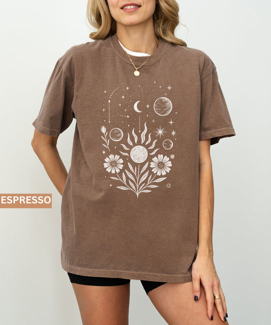 Celestial Sunflower Comfort Colors® Shirt,Astrology Flower Moon Phase Aesthetic Shirt,Spiritual Cosmic Graphic T-Shirt,Boho Sun Stars Tee