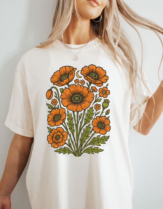 Poppy Comfort Colors®  Shirt, Vintage Linocut Floral Tee, Cottagecore Wildflower T-Shirt, Boho Botanical Shirt, Nature Lover Gift for Her