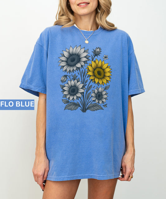 sunflower linocut Comfort Colors®  Shirt, Vintage Floral Tee, Cottagecore Wildflower T-Shirt, Boho Botanical Shirt,Nature Lover Gift for Her
