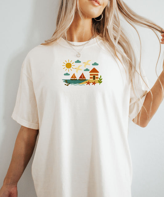 Cute Coastal Comfort Colors®  Shirt, Kawaii Lighthouse T-Shirt, Coastal Grandma Aesthetic, Beachcore Cottagecore Shirt, Ocean Lover Gift