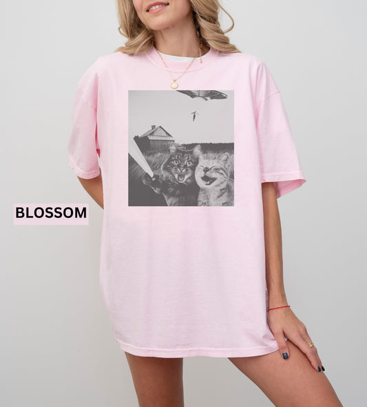Cat UFO Graphic T-Shirt - Fun Unisex Tee, Casual Wear, Pet Lovers Gift, Alien Enthusiasts, Unique Art Tee, Summer Essential AI Surreal trend