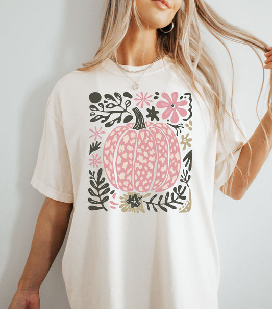Leopard Print Pink Pumpkin Shirt – Boho Fall Aesthetic Comfort Colors Tee, Soft Autumn Outfit