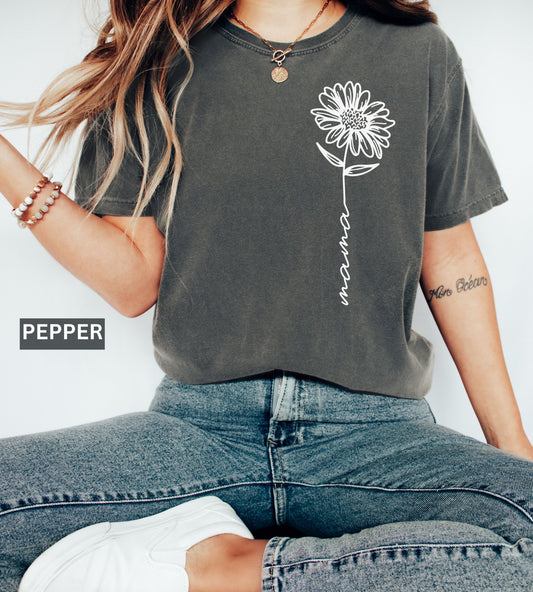 Mama Floral Shirt – Comfort Colors® Boho Flower Graphic Tee for Moms, Minimalist Mom T-Shirt, Mother’s Day Gift for Mama