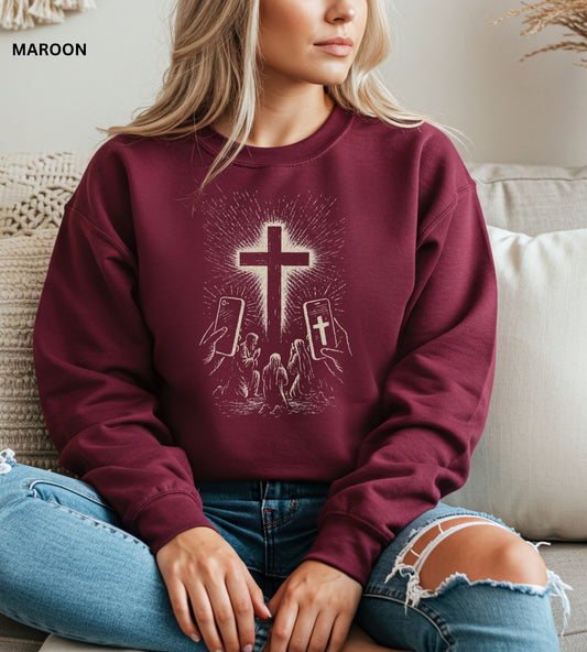 "Faith and Technology Sweatshirt Religious Satire Crewneck, Spiritual Commentary Graphic Pullover, Thought Provoking Cross Sweatshirt for Men & Women