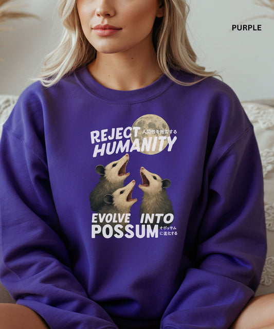 Possumcore Sweatshirt - Reject Humanity Evolve Into Possum - Funny Opossum Meme Sweater