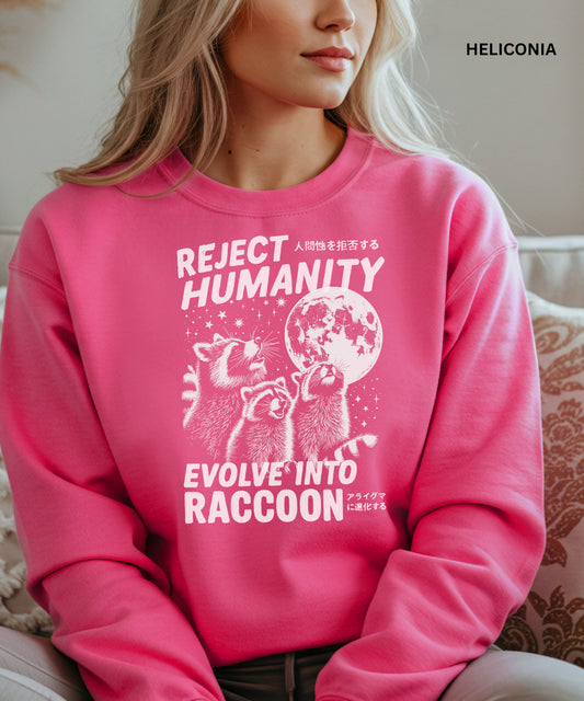 Reject Humanity Evolve Into Raccoon Sweatshirt Funny Trash Panda Meme Sweater, Ironic Internet Humor Shirt, Alternative Aesthetic Raccooncore Clothing