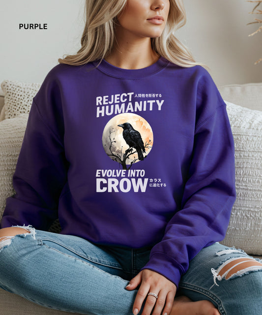 Reject Humanity Evolve Into Crow Sweatshirt – Gothic Crowcore Meme Hoodie Alternative Dark Humor Corvid Shirt