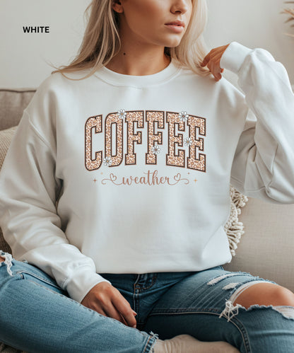 Coffee Weather Sweatshirt – Leopard Print Coffee Lover Pullover, Cozy Fall & Winter Outfit, Cute Aesthetic Coffee Crewneck for Women