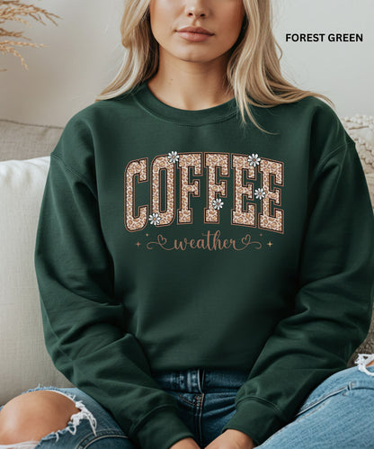 Coffee Weather Sweatshirt – Leopard Print Coffee Lover Pullover, Cozy Fall & Winter Outfit, Cute Aesthetic Coffee Crewneck for Women