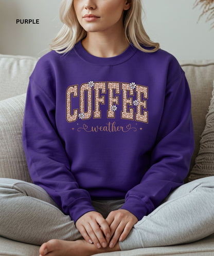 Coffee Weather Sweatshirt – Leopard Print Coffee Lover Pullover, Cozy Fall & Winter Outfit, Cute Aesthetic Coffee Crewneck for Women