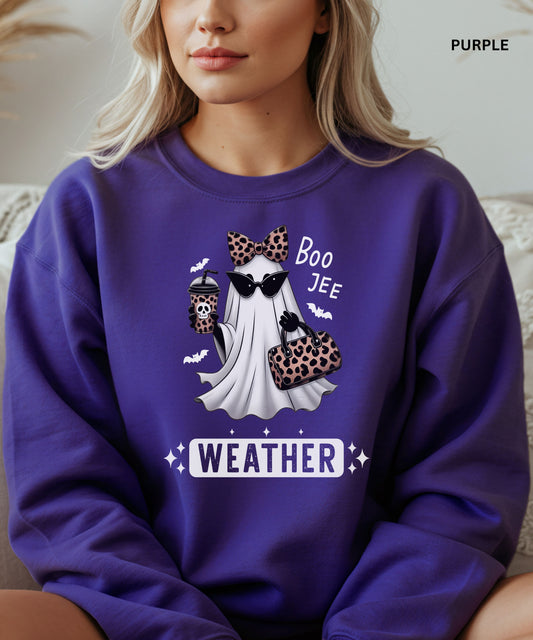 Boo Jee Weather Sweatshirt | Cute Halloween Leopard Ghost Crewneck | Fall Cozy Aesthetic Sweatshirt | Spooky Season Outfit for Women