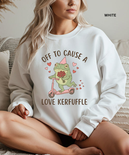 Off to Cause a Love Kerfuffle Funny Frog Sweatshirt – Cute Whimsical Graphic Pullover