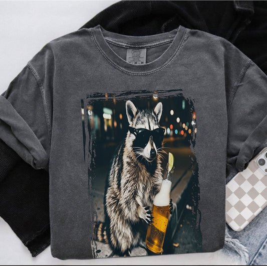 Cool Raccoon Drinking Beer T-Shirt – Funny Trash Panda Meme Graphic Tee, Party Animal Gift for Men & Women