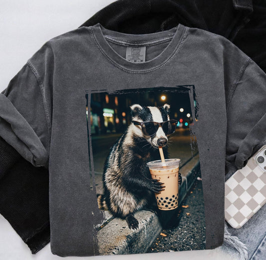 Cool Raccoon Drinking Boba T-Shirt – Funny Trash Panda Bubble Tea Graphic Tee, Cute Meme Shirt for Men & Women