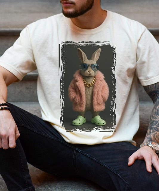 Funny Cool Bunny Graphic T-Shirt – Drip Rabbit Streetwear Tee with Sunglasses, Gold Chain & Crocs – Trendy Animal Art Shirt