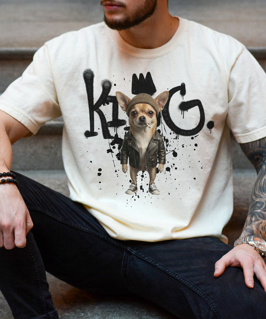 Cool Chihuahua King Graphic T-Shirt – Graffiti Crown Streetwear Dog Tee – Funny Edgy Urban Puppy Shirt