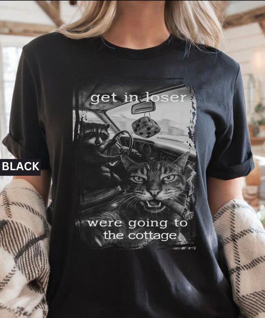 Get In Loser We’re Going to the Cottage T-Shirt – Hockey Romance Reader Tee – Bookish Sports Romance Gift – Feral Cottagecore Graphic Shirt