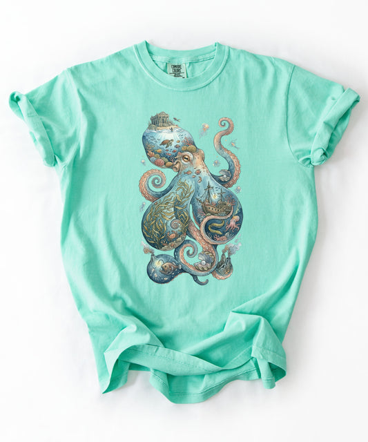Ocean Octopus T-Shirt, Nautical Fantasy Graphic Tee, Mythical Sea Creature Shirt, Marine Life Art Unisex Top