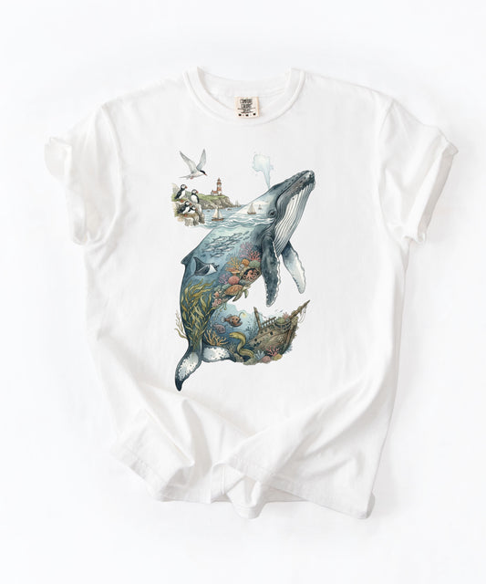 Whale Ocean Scene T-Shirt | Coastal Marine Life Graphic Tee | Nautical Sea Art Shirt | Beach Lover Gift