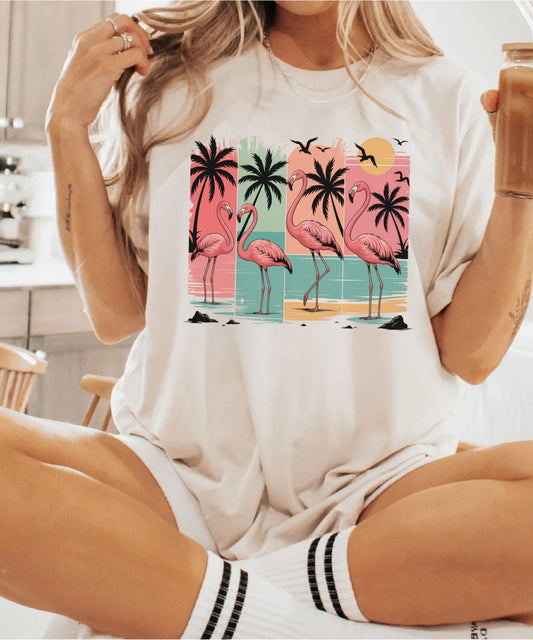 Flamingo Sunset T-Shirt — Tropical Beach Palm Graphic Tee