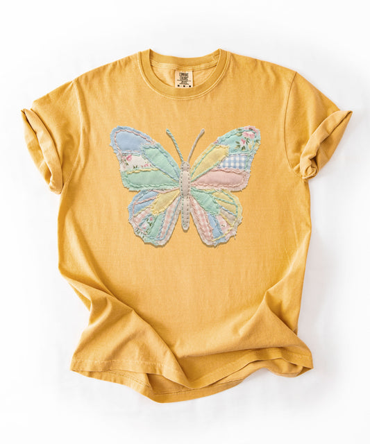 Faux Patchwork Butterfly T-Shirt | Cottagecore Pastel Graphic Tee | Vintage Quilt Style Shirt | Spring Aesthetic Top