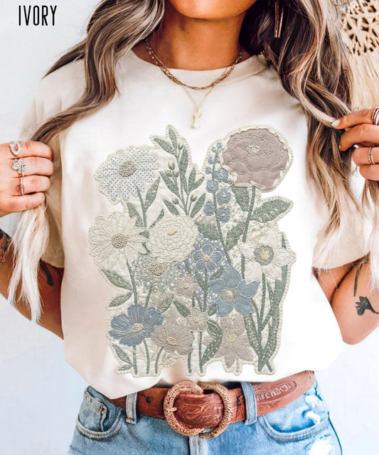 Vintage Floral Faux Patchwork T-Shirt | Cottagecore Embroidered Flower Graphic Tee | Neutral Botanical Aesthetic Shirt