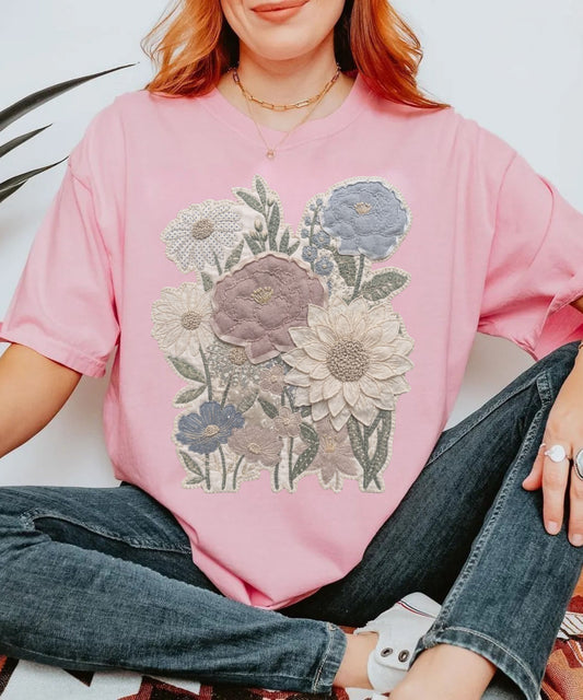 Vintage Floral Faux Patchwork Comfort Colors T-Shirt | Neutral Botanical Aesthetic Shirt |Cottagecore Embroidered Flower Graphic Tee