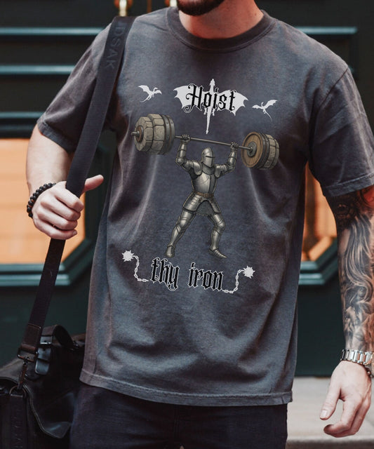 Hoist Thy Iron Medieval Gym Shirt, Knight Weightlifting T-Shirt, Funny Renaissance Workout Tee, Powerlifting Humor Shirt, Fantasy Gym Gift