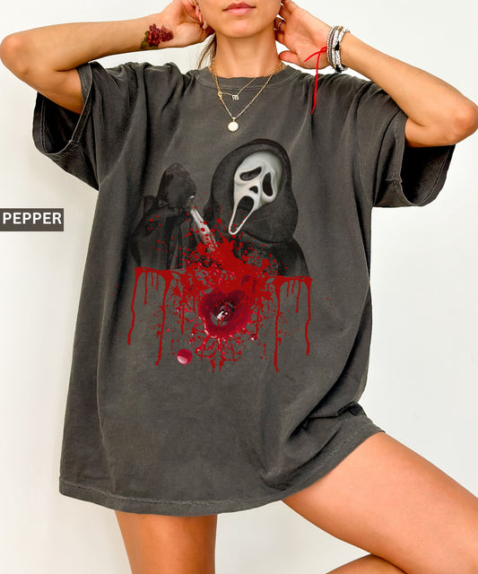 Scream Mask Horror comfort colors T-Shirt — Bloody Chest Gore Graphic Tee for Halloween, Ghost Vintage 90s T-Shirt, Retro Y2K Spooky