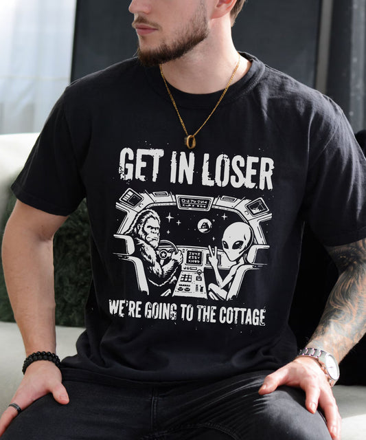 Comfort Colors Bigfoot Alien Shirt, Get In Loser We're Going To The Cottage Tee, Funny Cryptid UFO Graphic T-Shirt, Vintage Distressed Comfort Colors Shirt